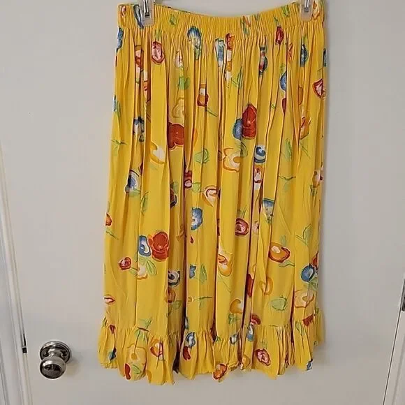 Vintage Bright Yellow Floral Ruffle Longline Peasant Gypsy Boho Festival Skirt - Picture 3 of 6